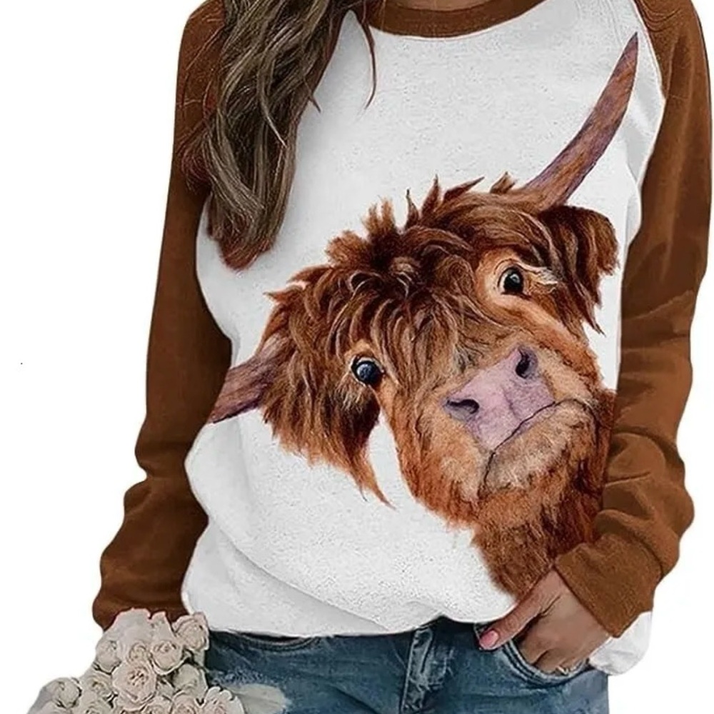 Long Sleeve Highland Cow Shirt - Brown and White